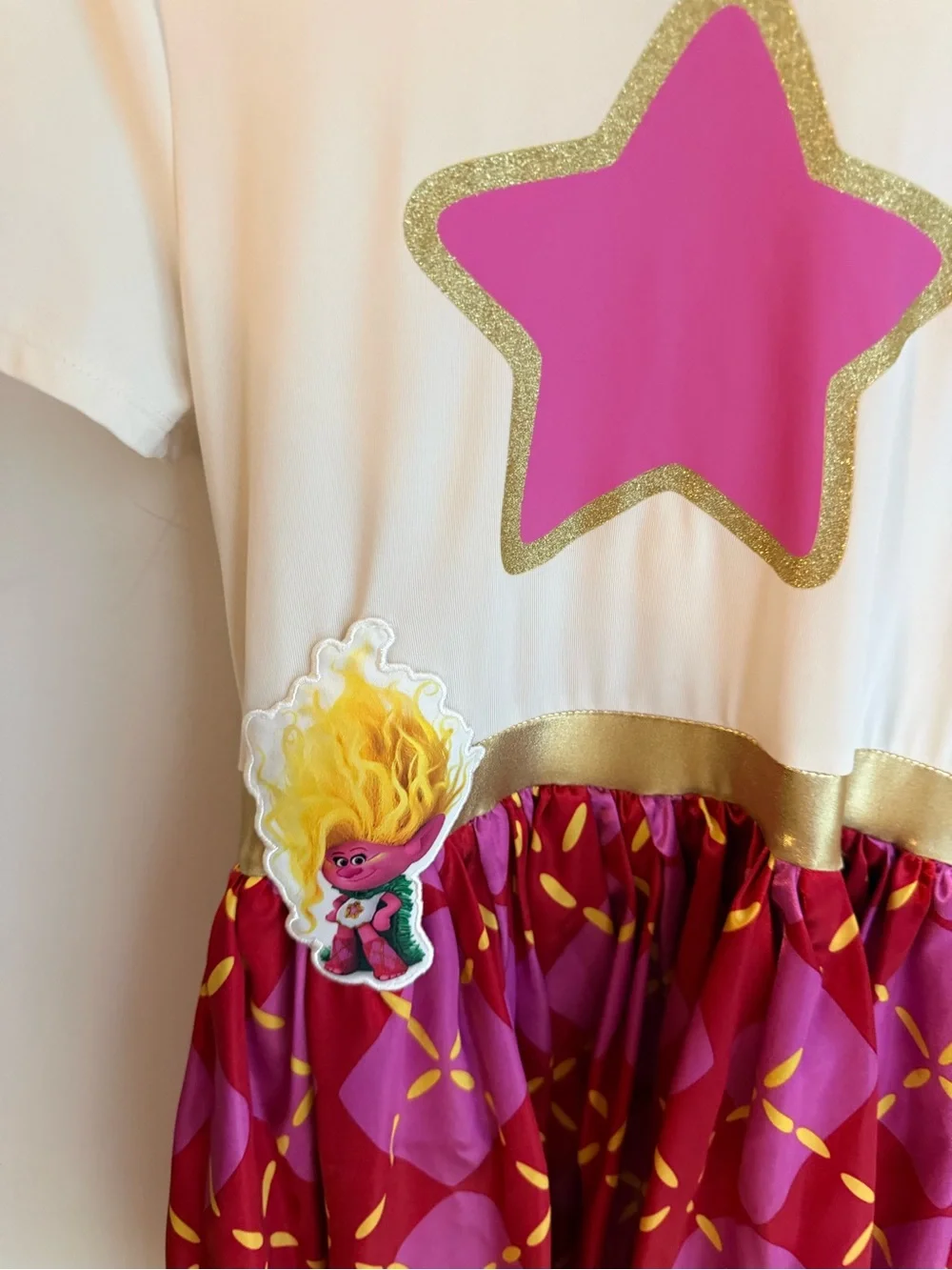 Trolls Girls Pink Star Hooded Costume Dress with Yellow Hood and Gold Trim